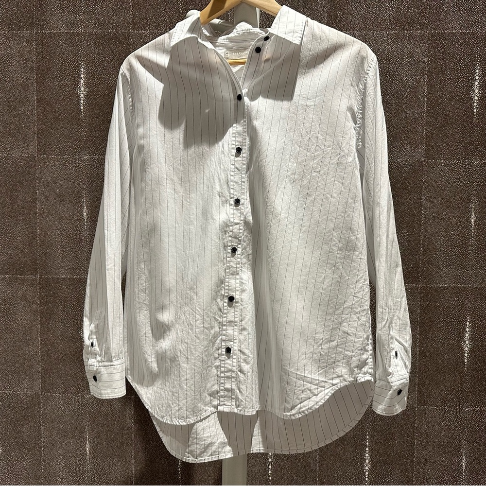 Everlane silky cotton relaxed shirt (12, white/navy pinstripe)